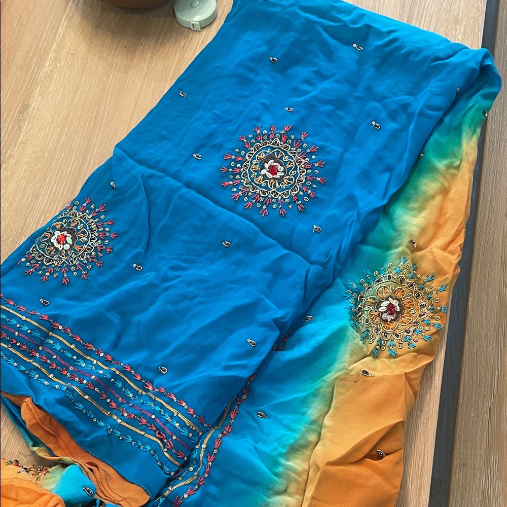 Embroidered Blue and Orange Fabric